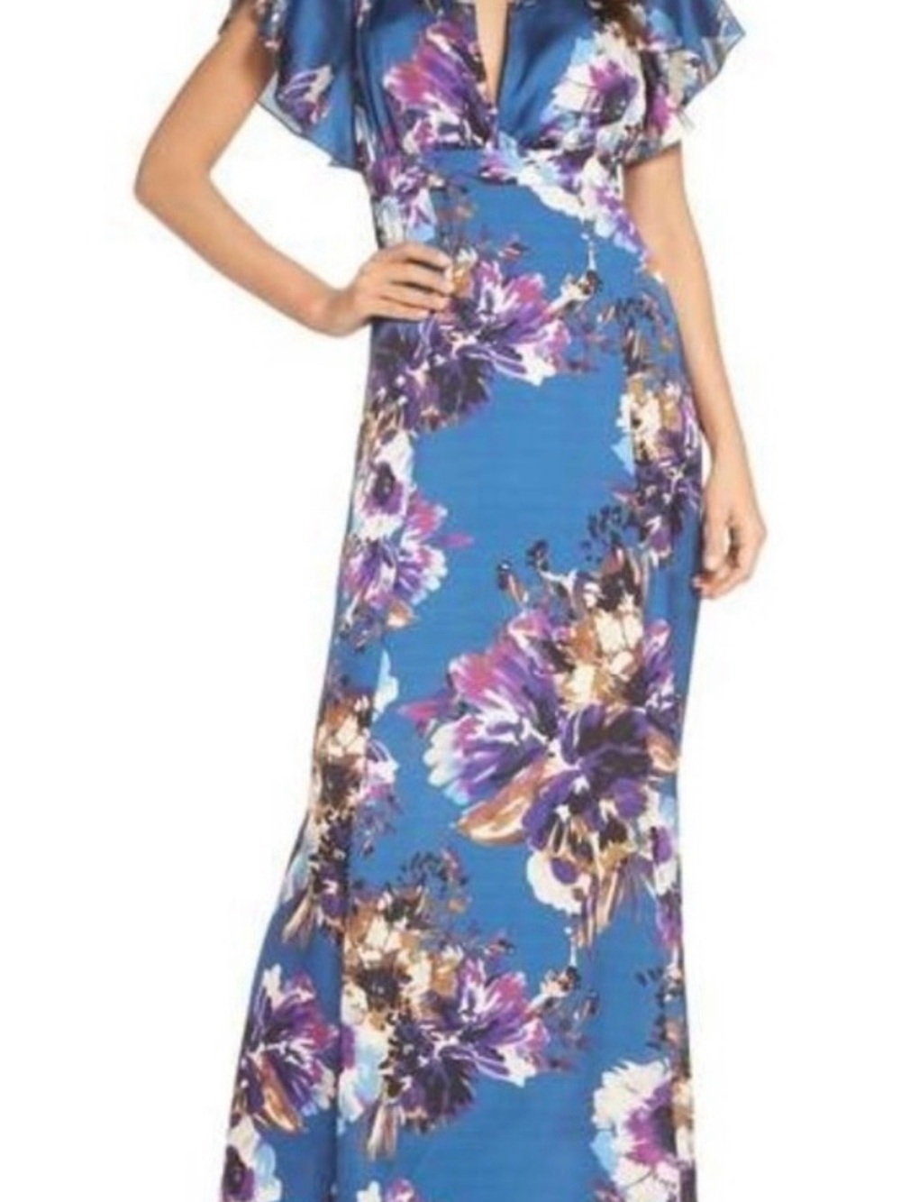 ALI & JAY Blue Floral Maxi Dress with V-Neck and Flutter Sleeves